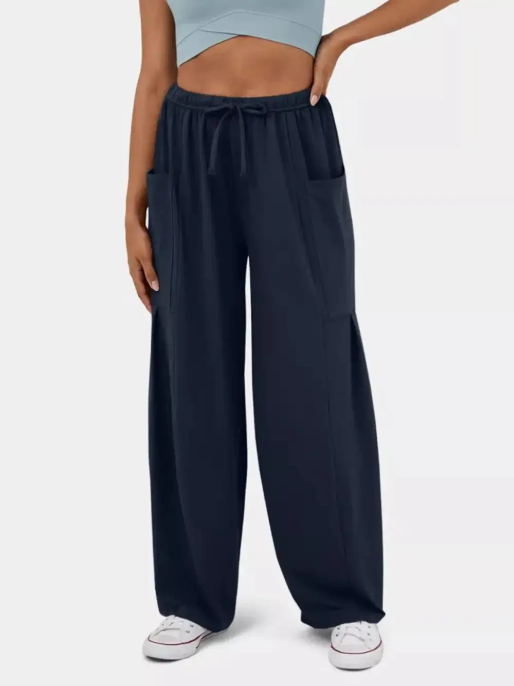 High Waisted Drawstring Wide Leg Pants