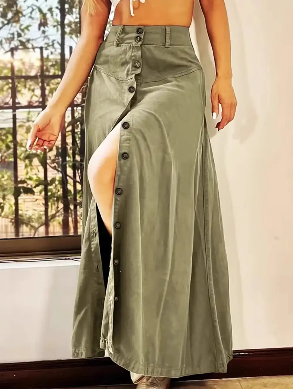 Button Front Slit A-Line Midi Skirt
