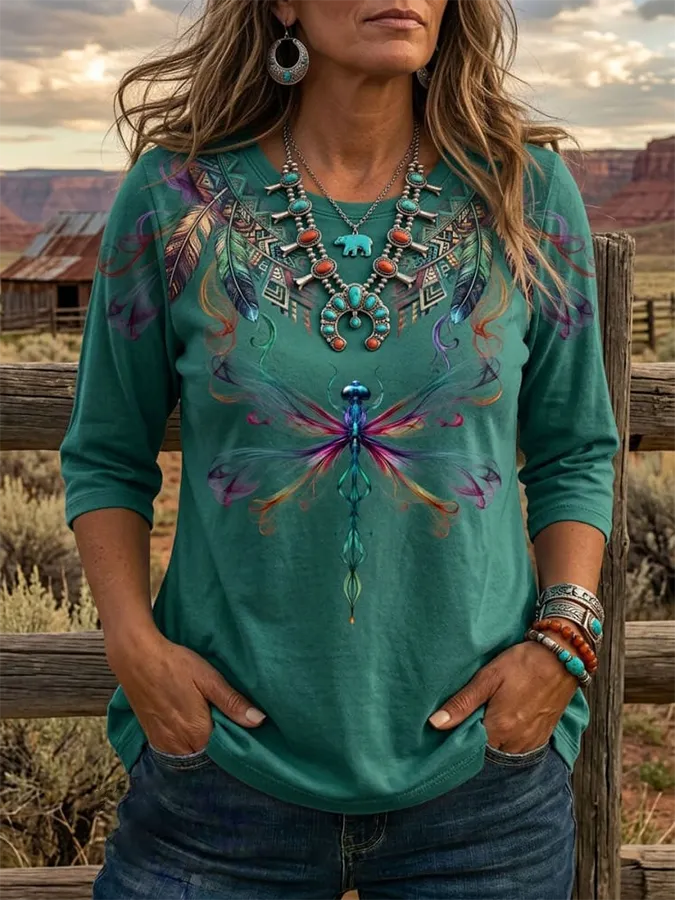 Women's Vintage Dragonfly Print Casual Half-sleeve Top