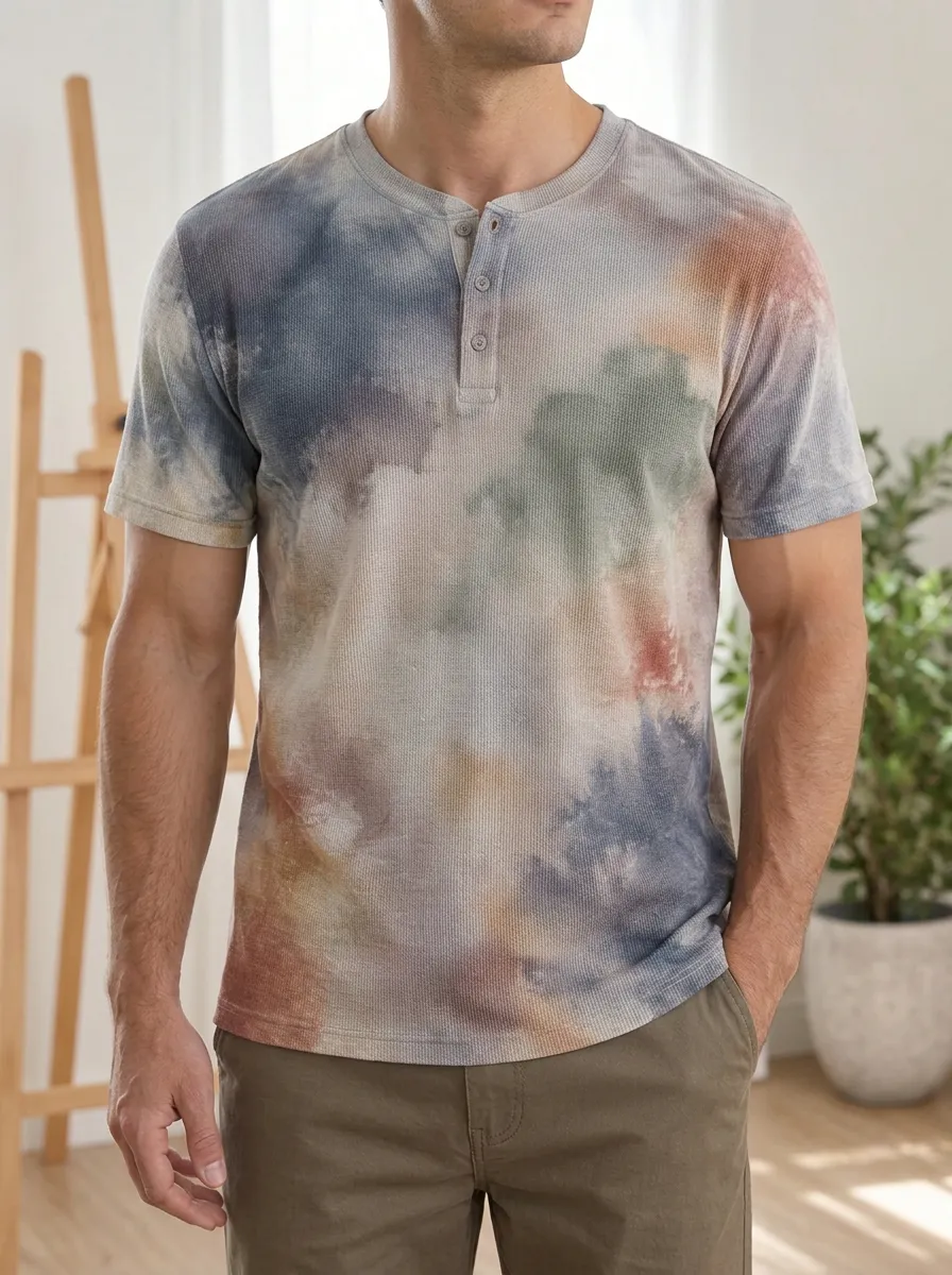 Men's Fresh Casual Style Tie-Dye Waffle Knit Henley T-Shirt