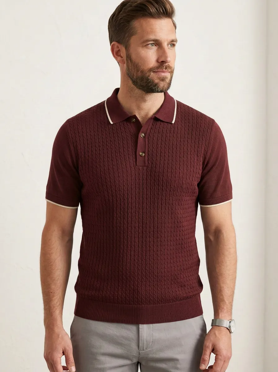 Men's Green Cable Knit Textured Polo Shirt