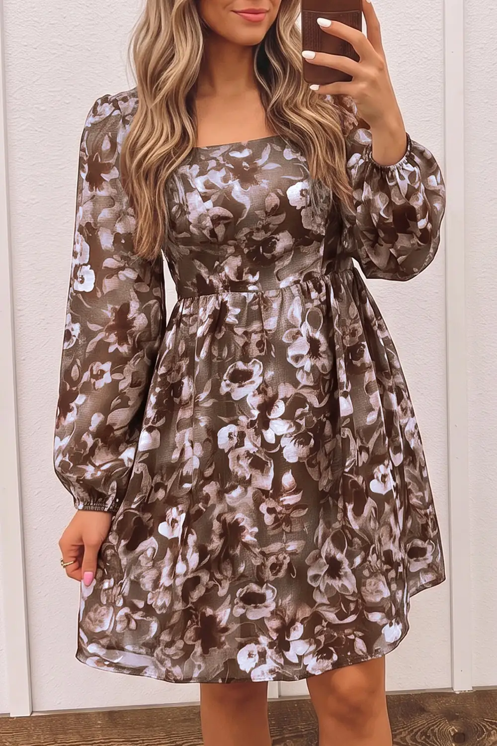 Women's Floral Print Square Neck Long Sleeve Shift Mini Dress