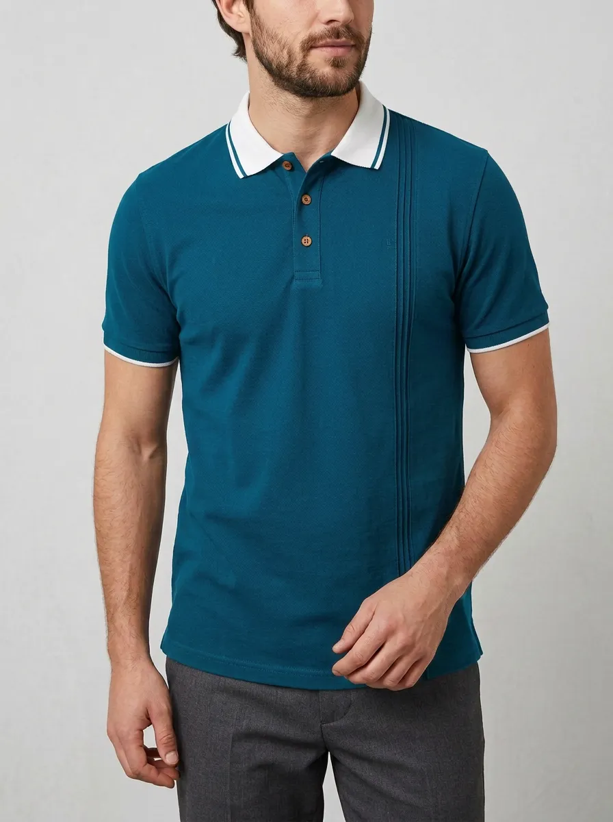 Men's Navy Blue Vertical Pleated Contrast Collar Polo Shirt