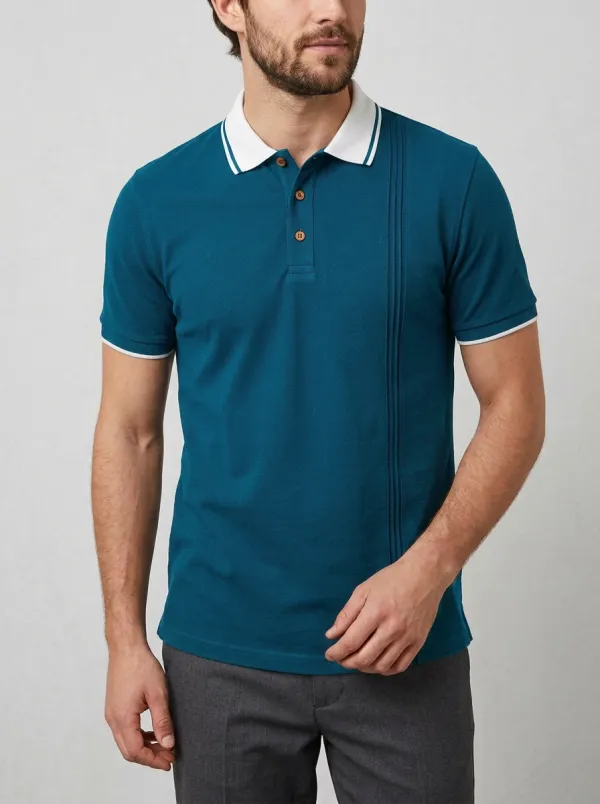 Men's Navy Blue Vertical Pleated Contrast Collar Polo Shirt