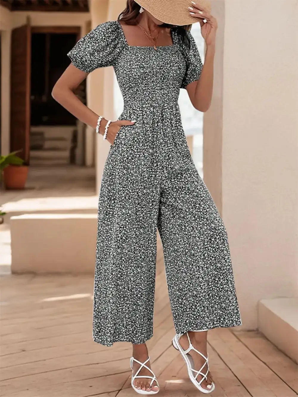 Printed Square Neck Puff Sleeve Everyday Jumpsuit