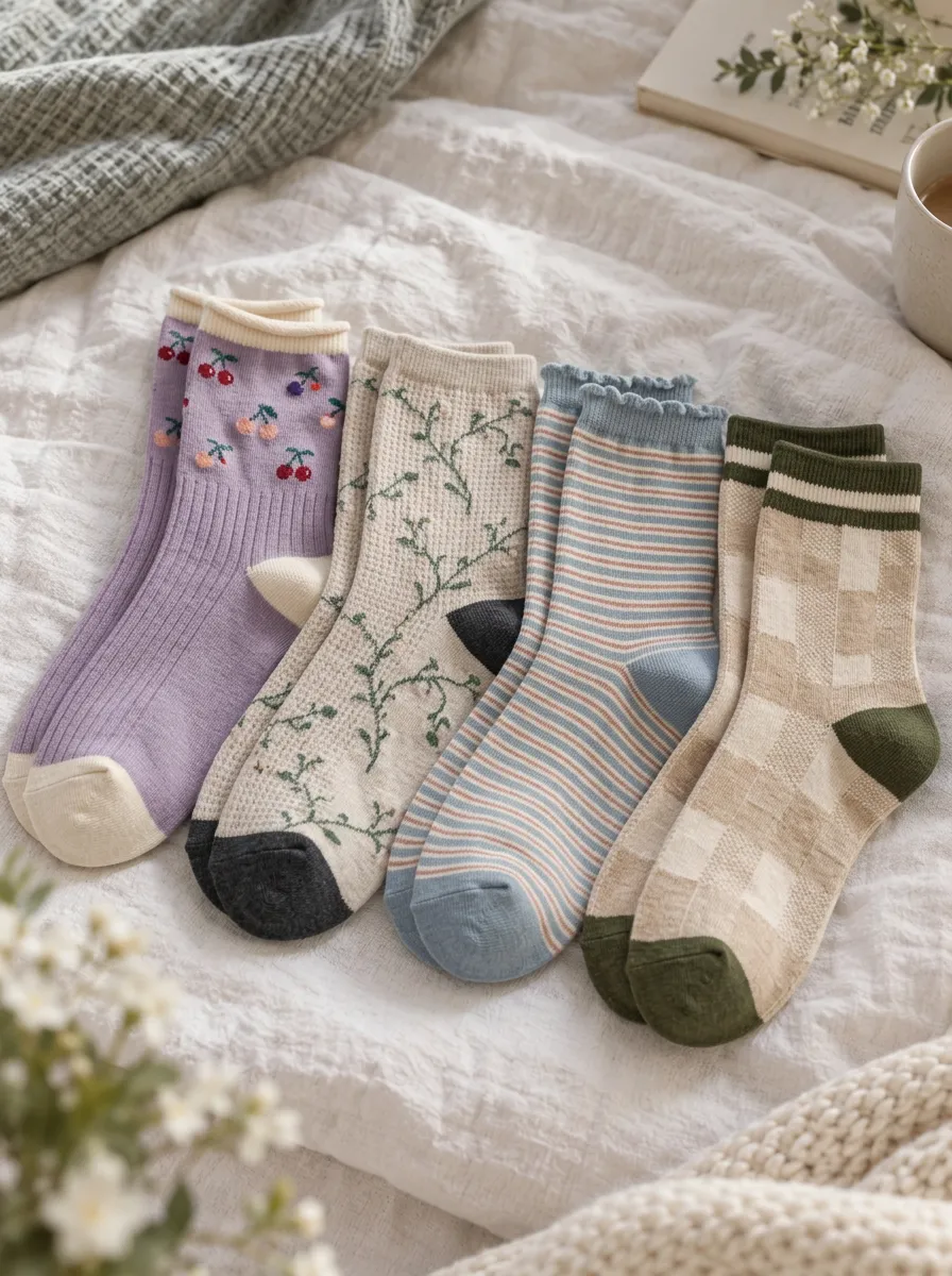 Women's Vintage Floral Cherry Striped Plaid Printed Socks Set