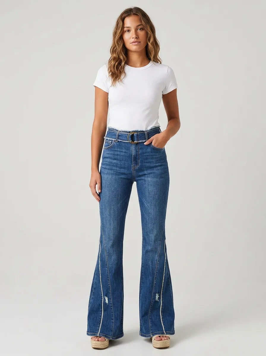 Women's Vintage Style High-Waisted Distressed Flared Denim Pants