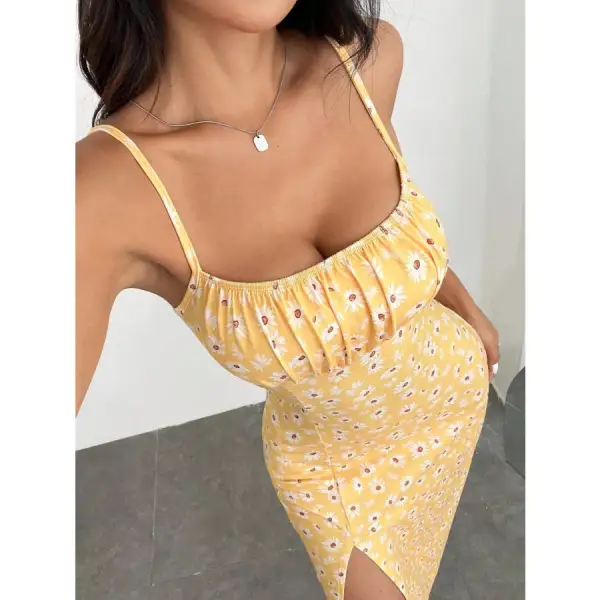 Daisy Print Cami Midi Dress with Slit
