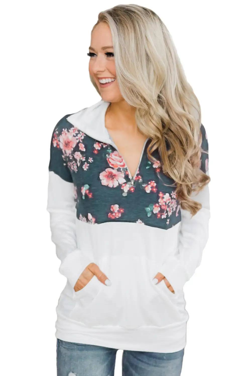 Floral Splice Kangaroo Pocket Zip Collar Sweatshirt