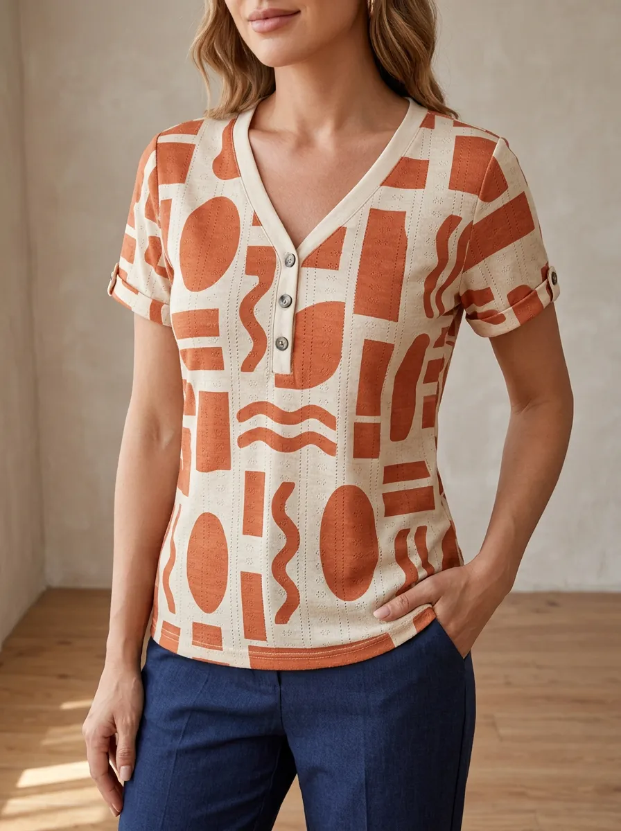 Women's Abstract Geometric Pattern Printed V-Neck Button T-Shirt
