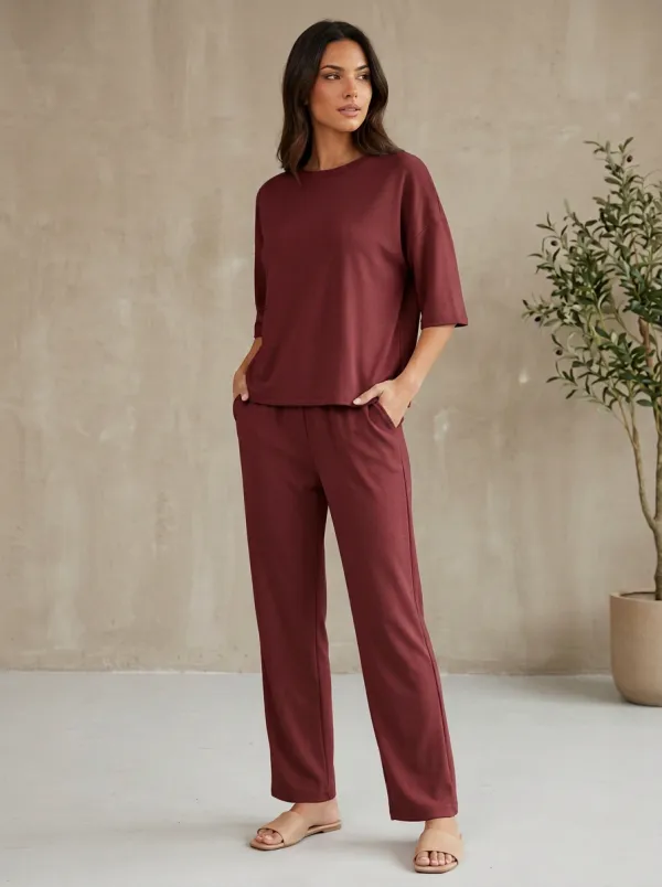 Women's Drop-Shoulder Crewneck Top And Straight-Leg Trouser Lounge Set