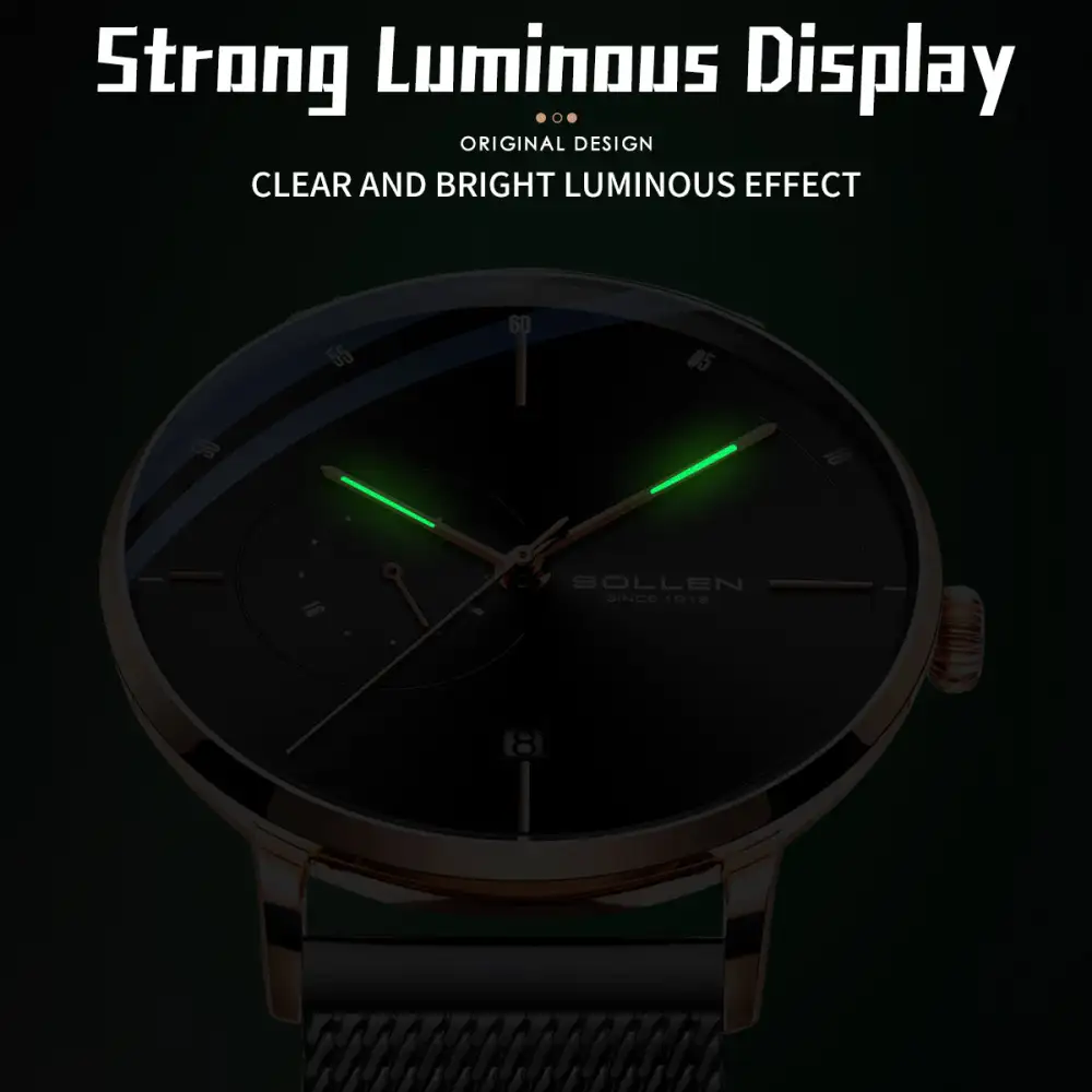 Sollen SL305 Men's Minimalist Automatic Mechanical Watch - 42mm Stainless Steel Case Slim 9.9mm 24H Subdial Date Window Wristwatch