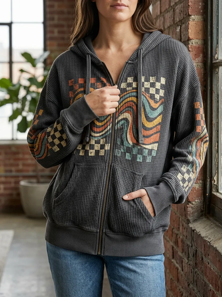 Women's Retro Wavy Checkerboard Printed Waffle Zip Hoodie