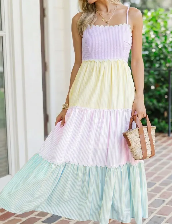 Classic Striped Color Block Adjustable Strap Scalloped Detail Long Dress