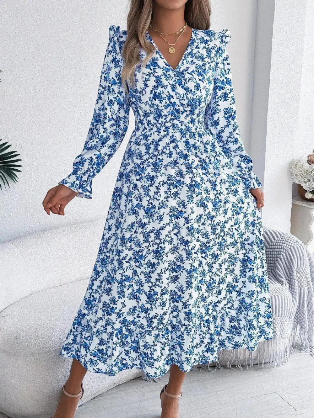 Clean Line Floral V Neck Ruffle Dress
