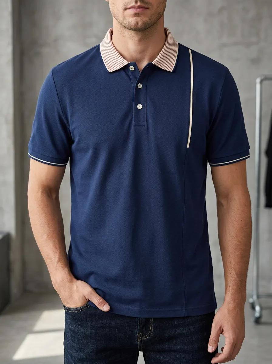 Men's Navy Blue Striped Collar Contrast Trim Polo Shirt