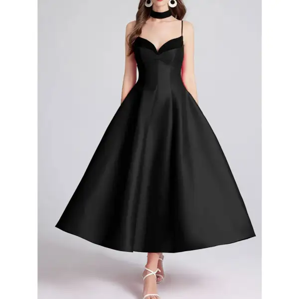 Sweetheart Spaghetti Strap Midi Dress with Collar