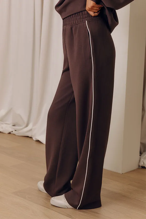 High Waist Straight Leg Striped Scuba Knit Modal Blend Elastic Waist Pants
