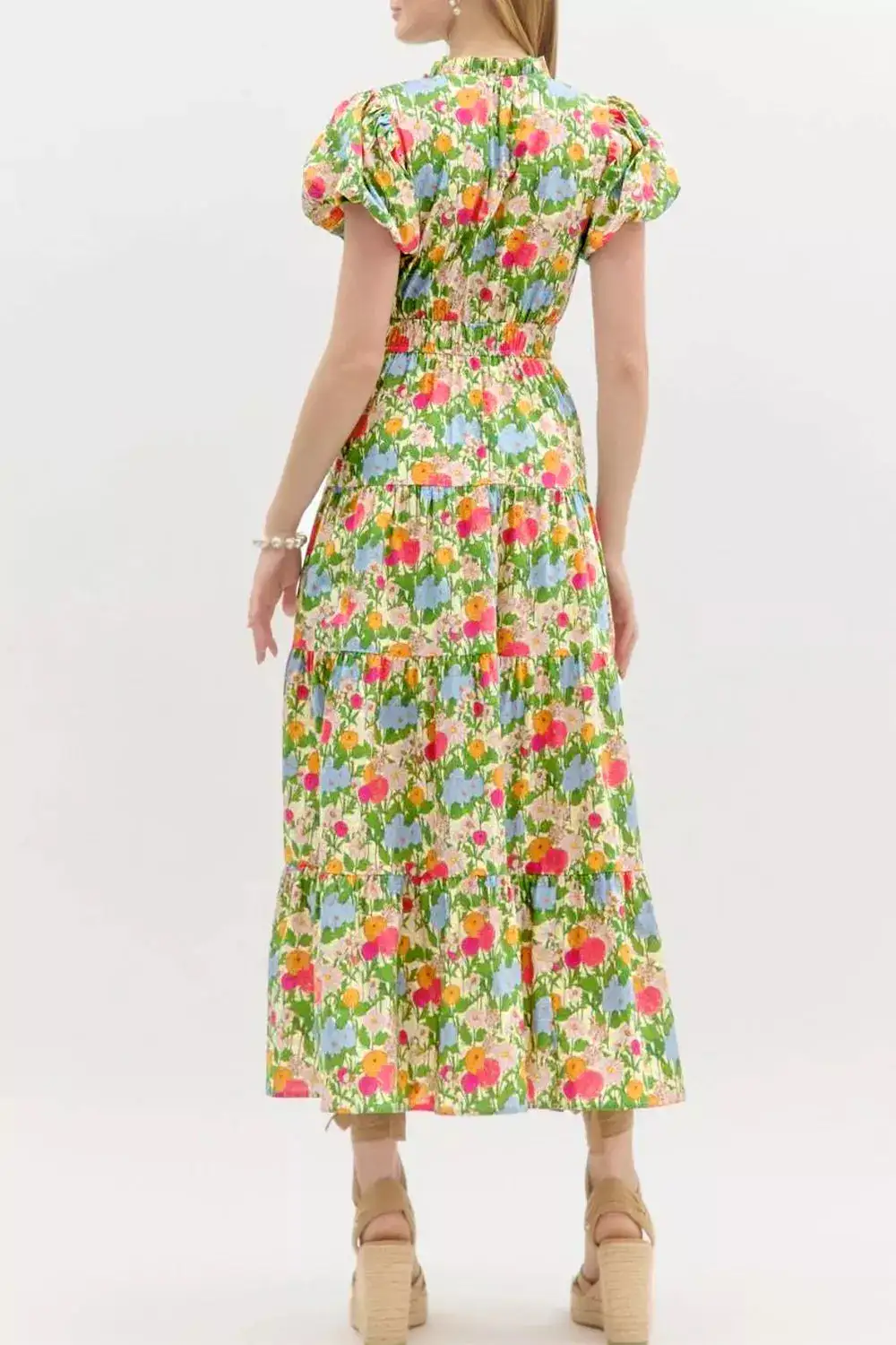 Floral Print V Neck Short Puff Sleeve Cotton Maxi Dress