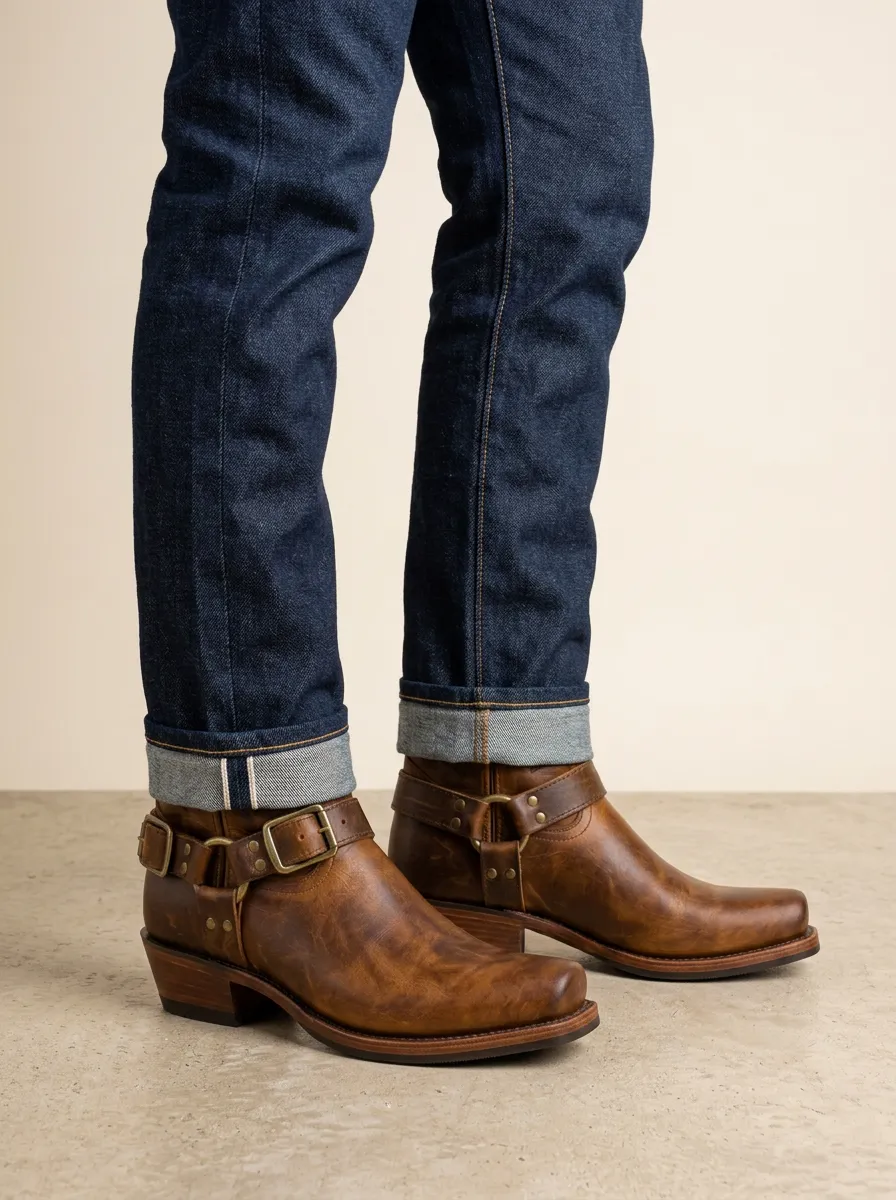 Men's Western Cowboy Embossed Leather Buckle Printed Boots