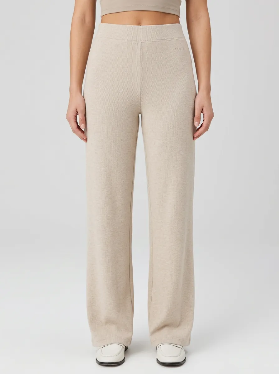 Women's Active Sport Beige Ribbed Printed Wide Leg Pants