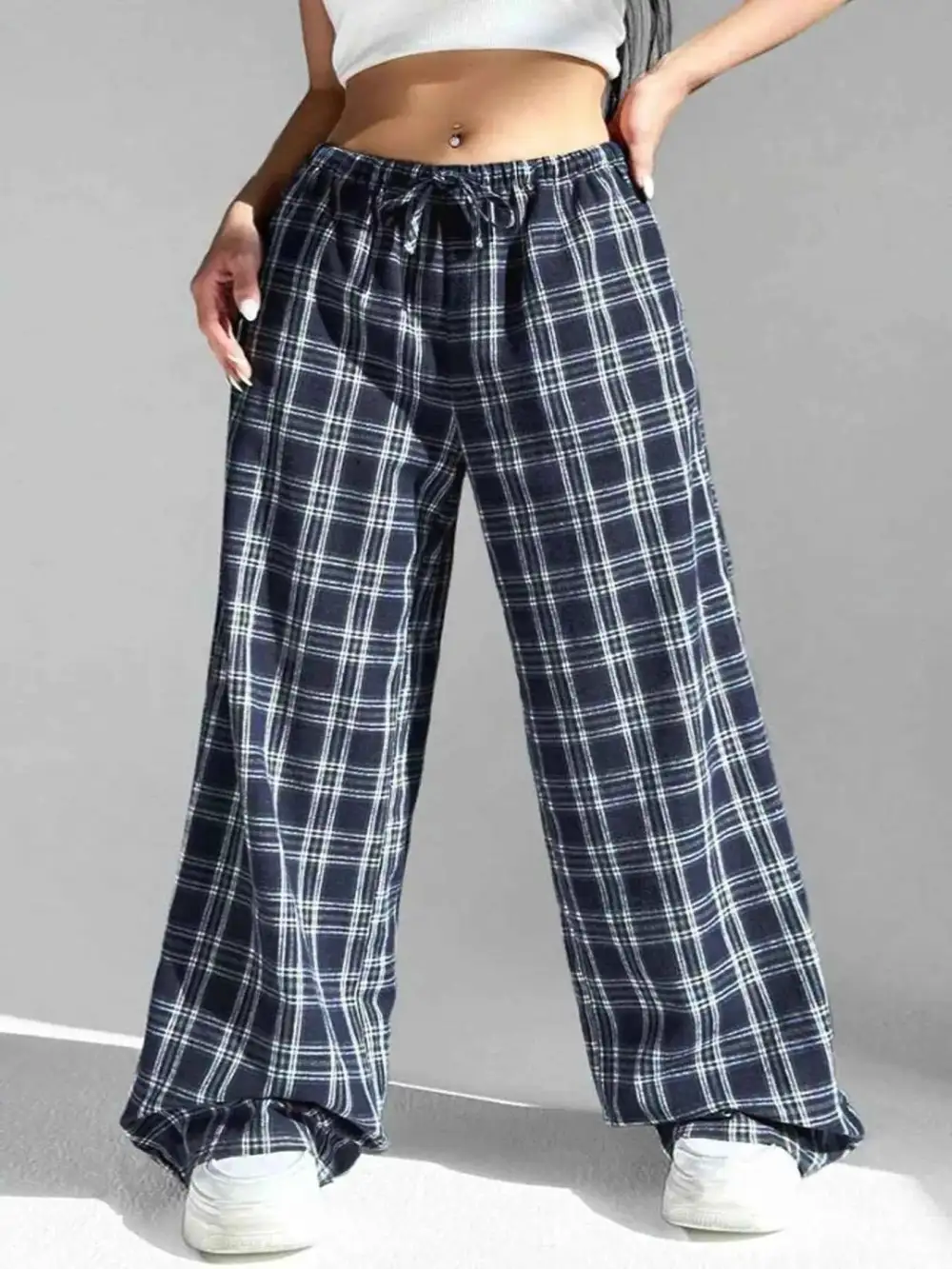 Plaid Drawstring Wide-Leg Pants