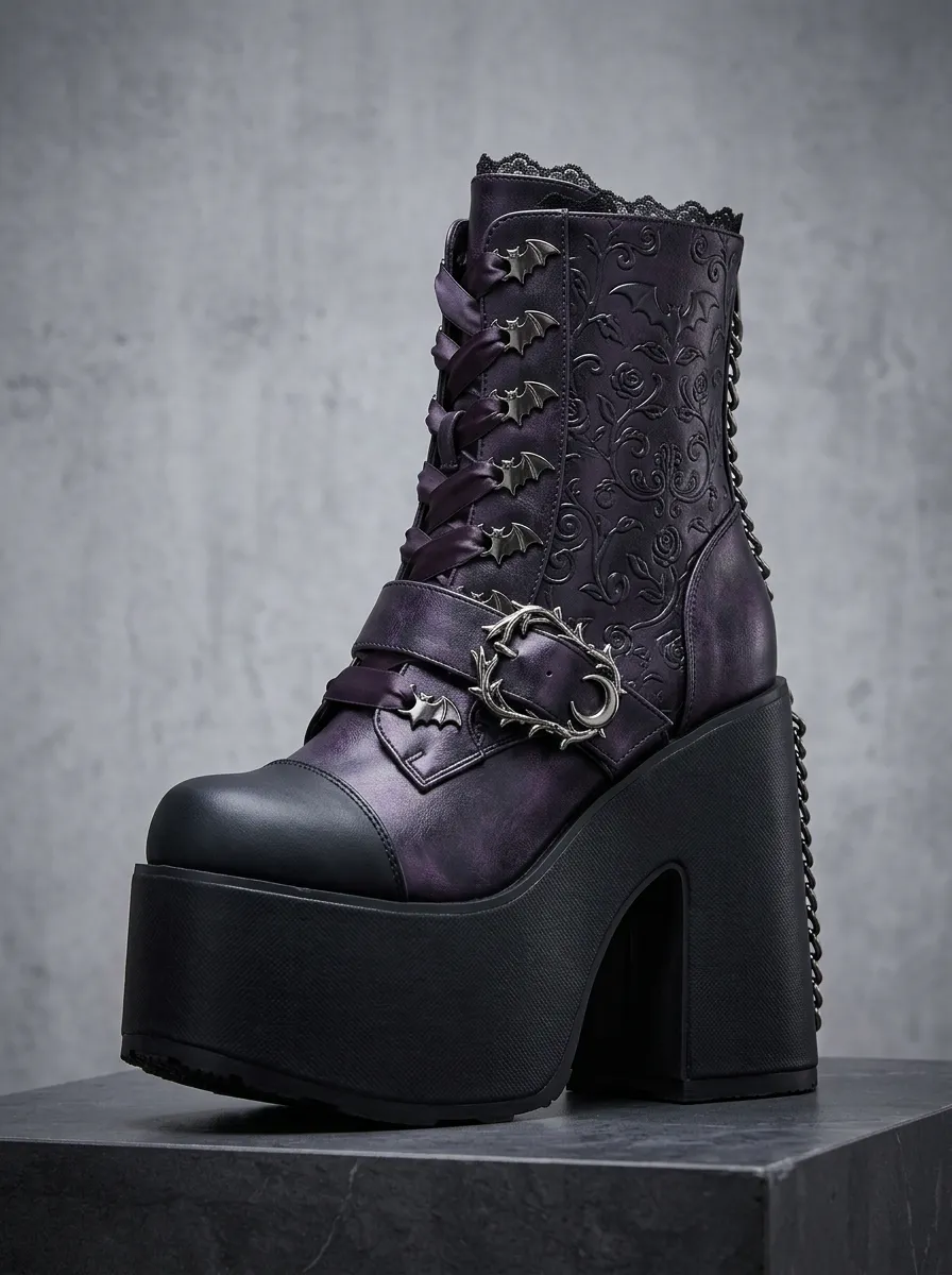 Darkwave Bat Rose Embossed Look Women's Gothic Platform Boots