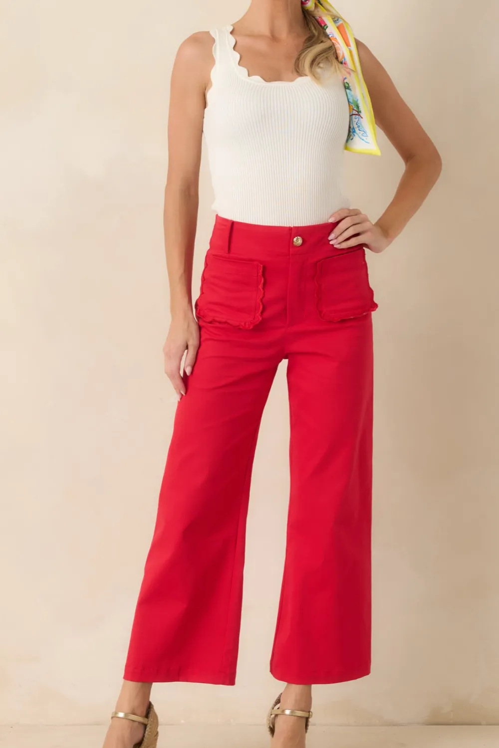 Cherry Cotton Scalloped Pocket Pants