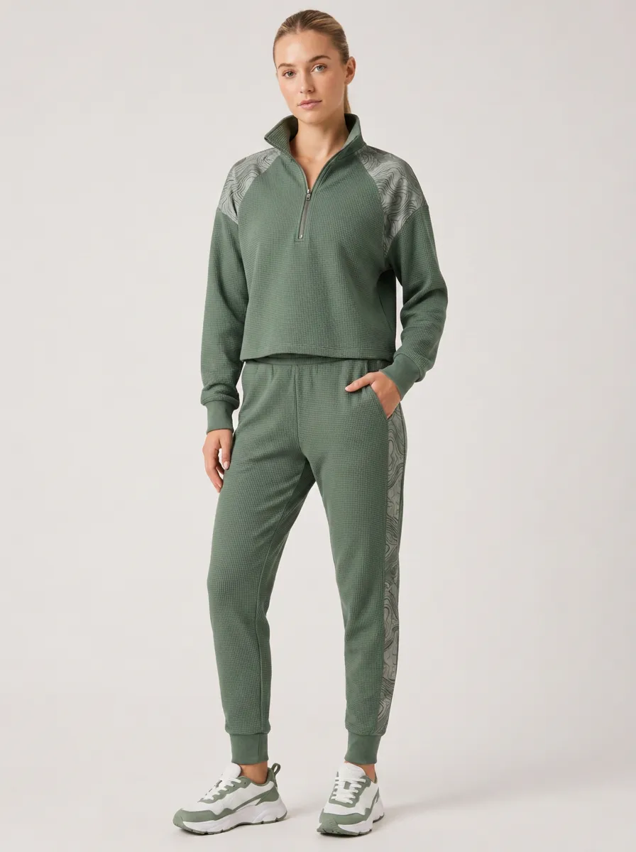 Women's Activewear Sage Green Waffle Texture Marble Printed Tracksuit