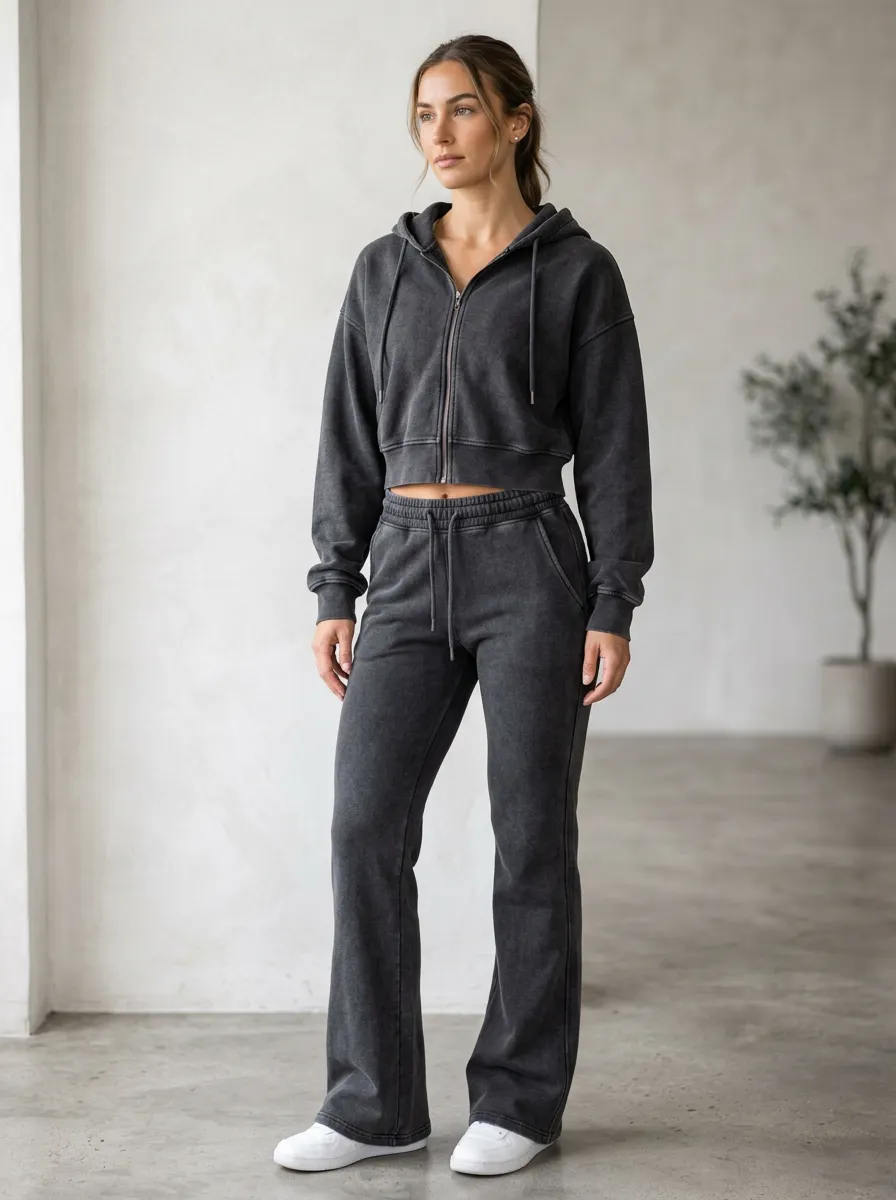Women's Classic Washed Vintage Inspired Cropped Hooded Jacket and Flare Pants Active Set
