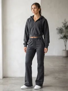 Women's Classic Washed Vintage Inspired Cropped Hooded Jacket and Flare Pants Active Set