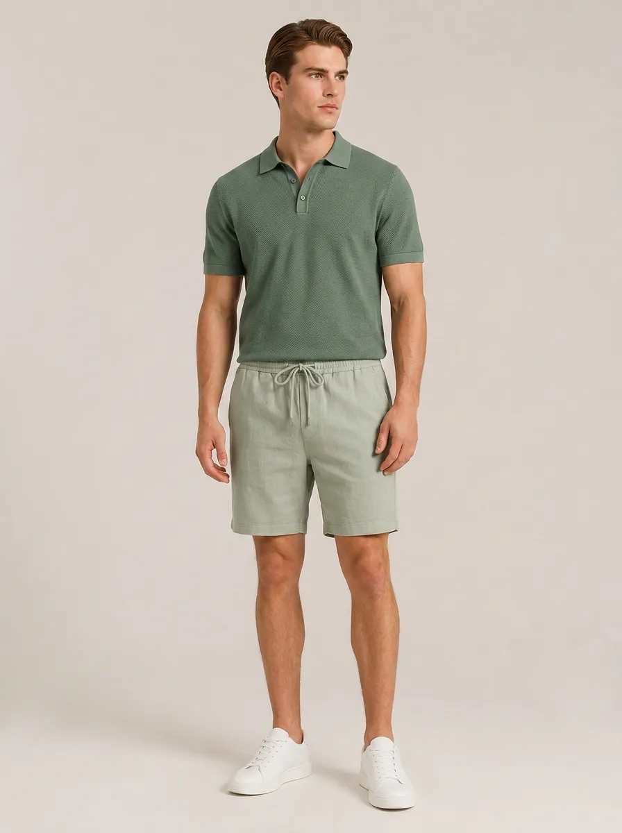 Men's Polo Linen Shirt And Shorts Set