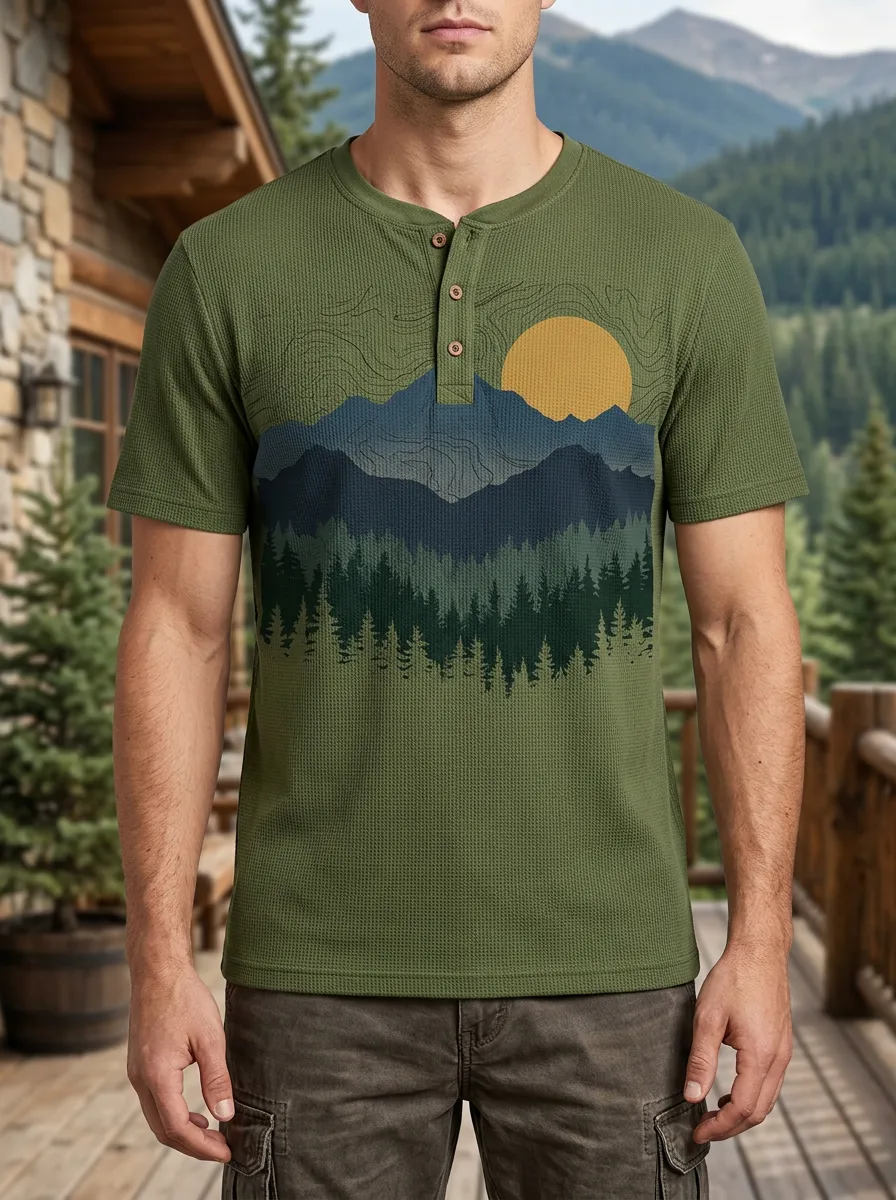 Men's Relaxed Outdoor Nature Lover Mountain Forest Henley T-Shirt