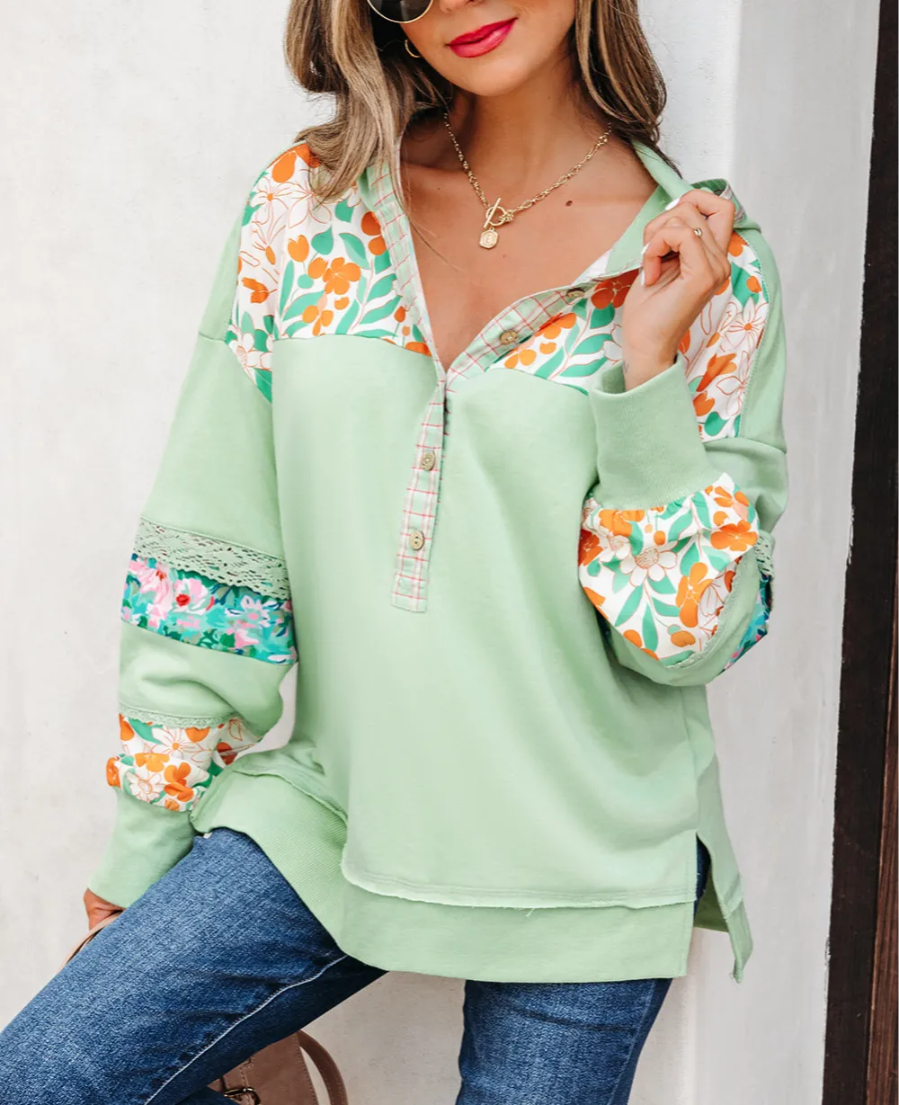 Women's Floral Print Lace Patchwork Pullover Top