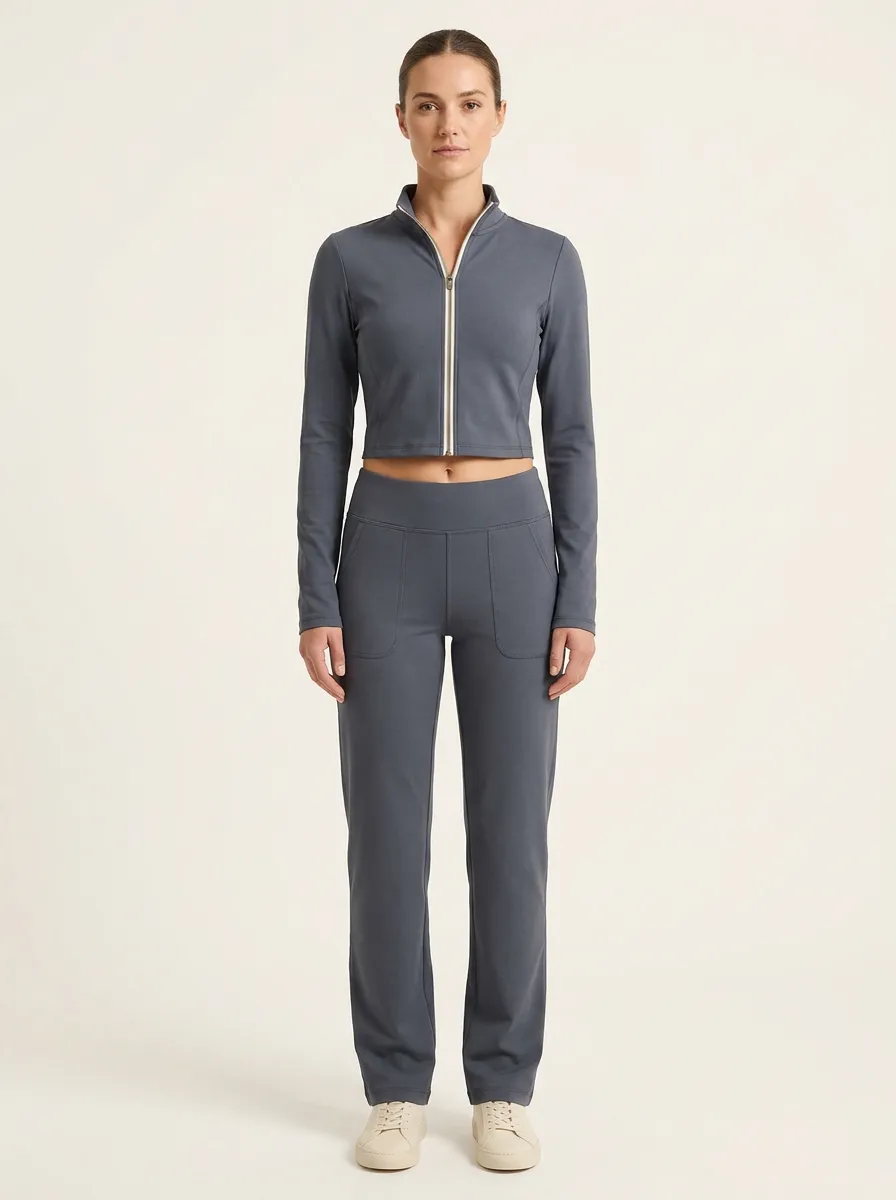 Women's Mock-Neck Contrast-Trim Zip Jacket and Patch-Pocket Trouser Set