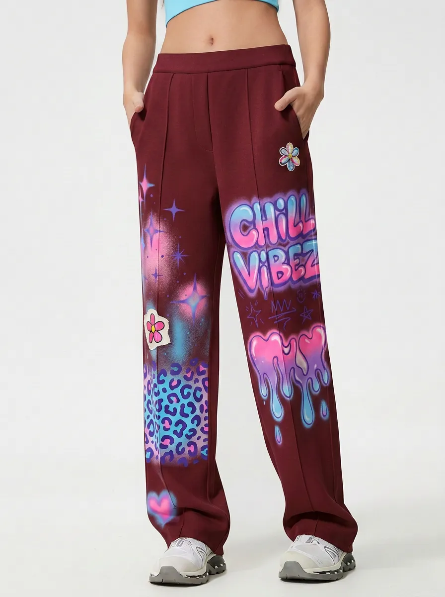 Women's Streetwear Chill Vibez Graffiti Leopard Heart Printed Trousers