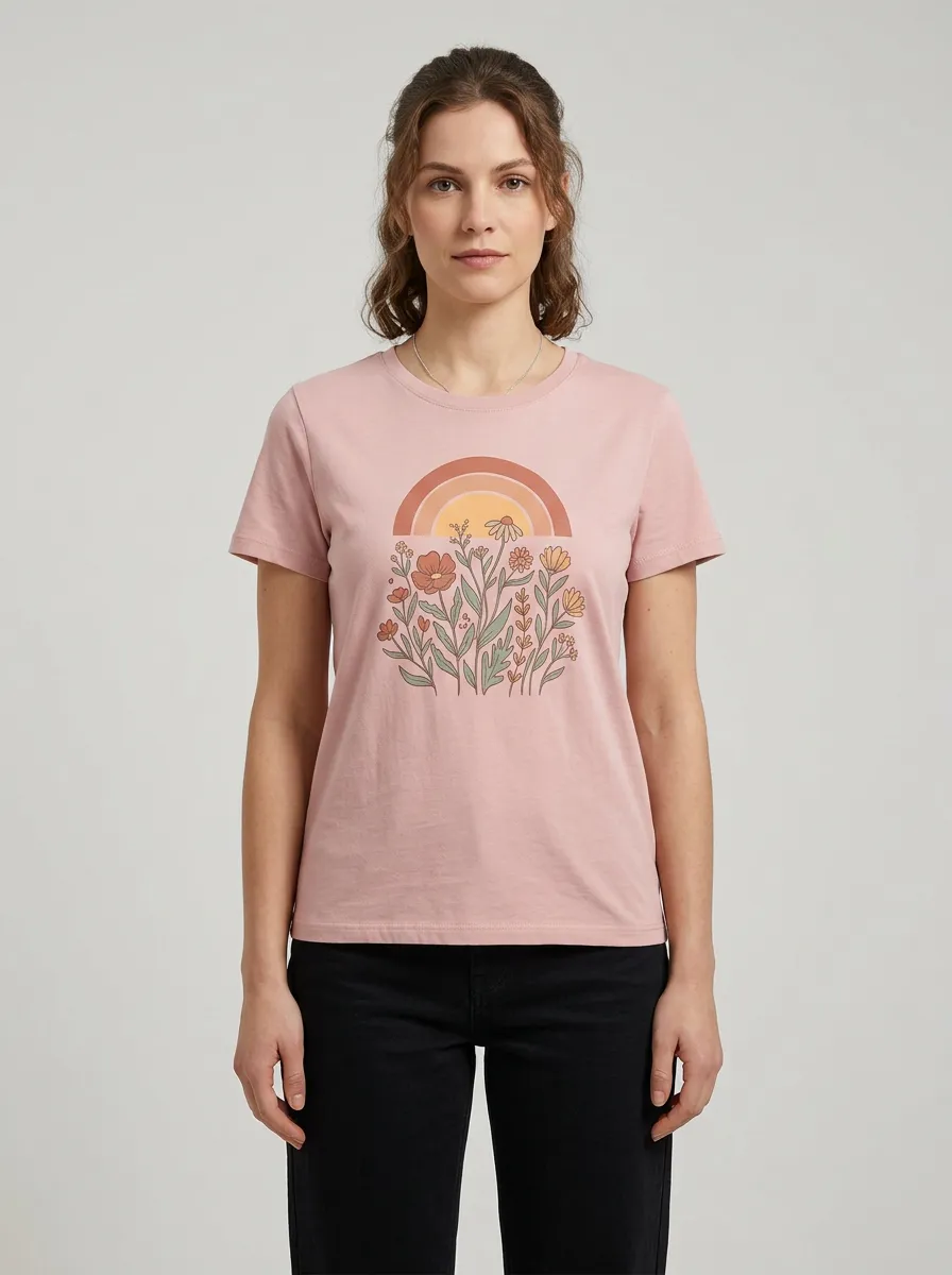 Women's Crewneck Graphic-Print Floral-Motif Rib-Trim T-Shirt