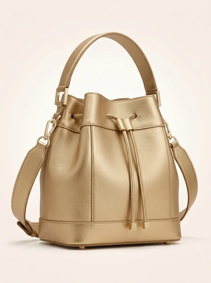 Women's Timeless Gold Tone Bucket Handbag with Metallic Gold Finish