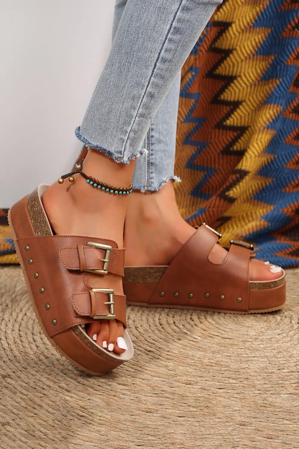 Dual Buckle Studded Platform Sandals Slide Slippers