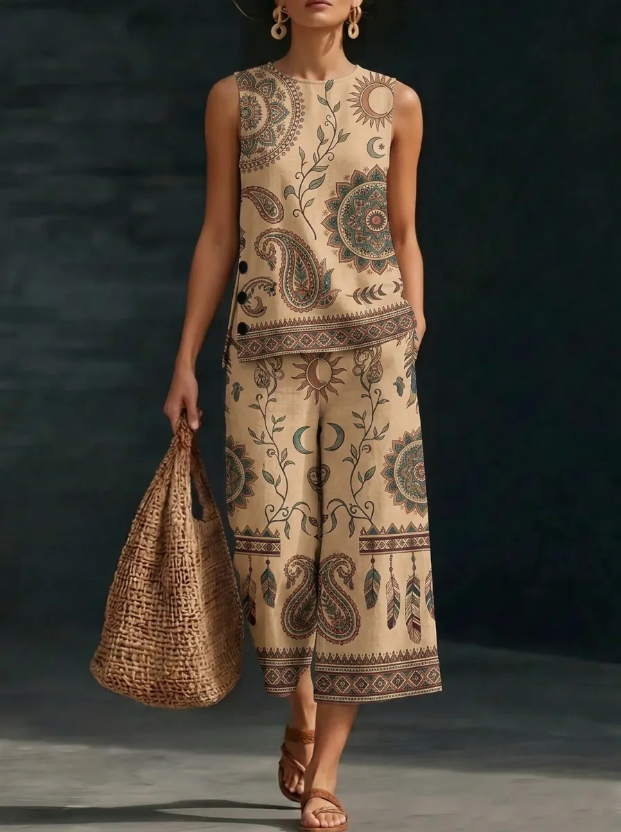 Women's Boho Paisley Sun Moon Printed Sleeveless Set