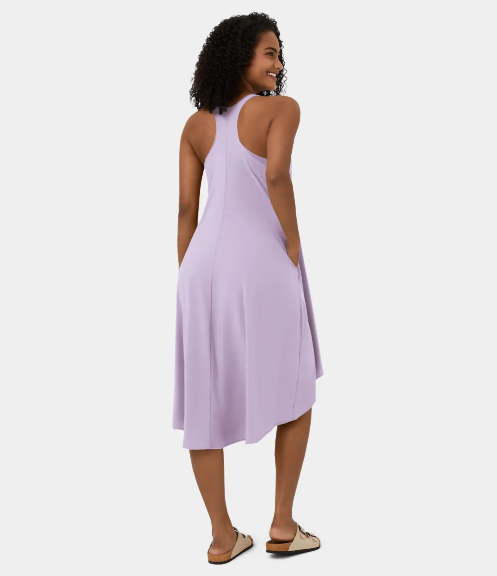 Breezeful Backless Racerback Side Pocket High Low Flowy Midi Quick Dry Casual Dress