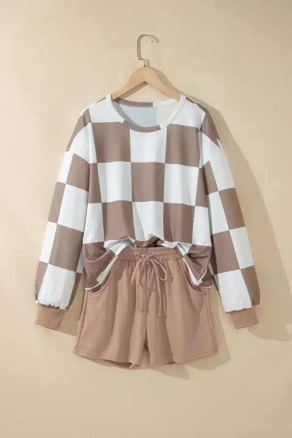 Women's Checkerboard Plaid Long Sleeve Solid Color Shorts Two Piece Set