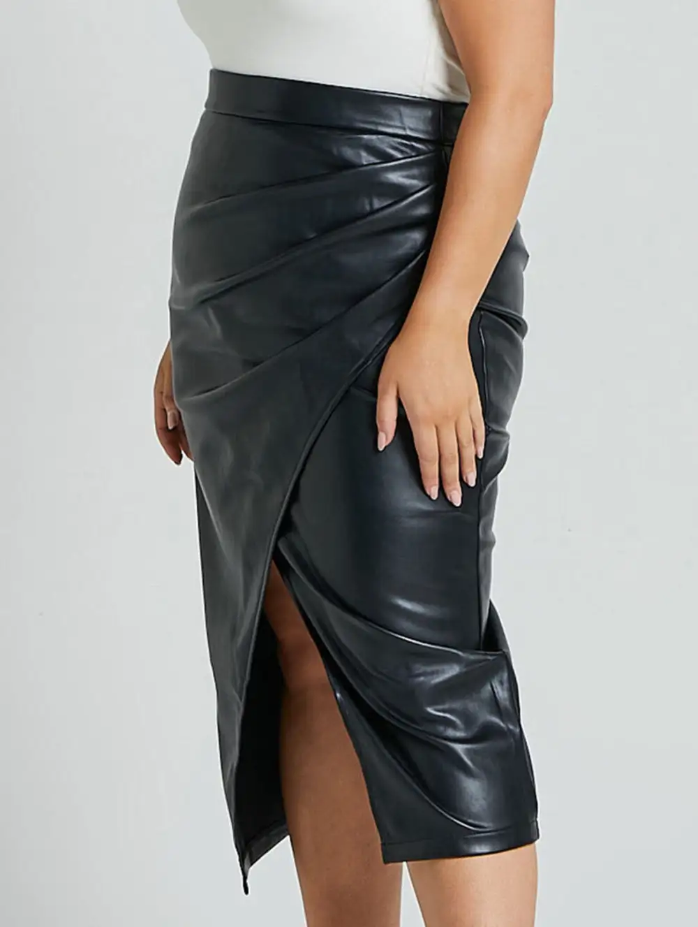 Leather Look Pleated Zipper Midi Skirt