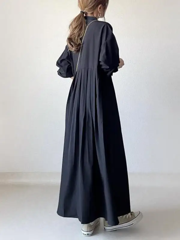 Pleated Long Neck Shirt Maxi Dress