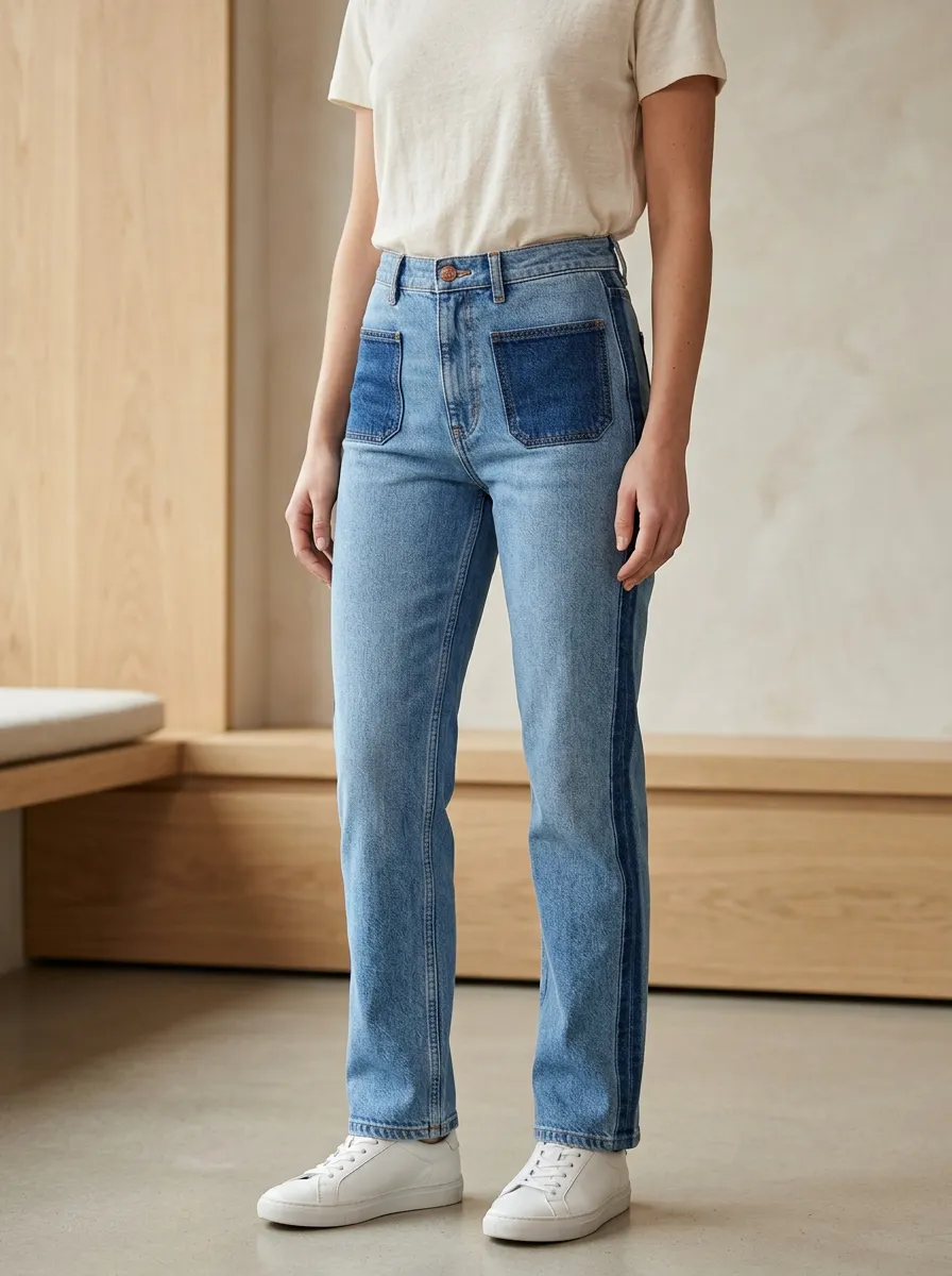 Women's Casual Fashion Two-tone Contrast Pocket Printed Jeans