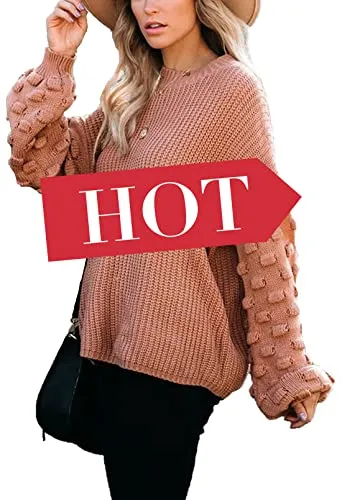 Women's Cute Oversized Crewneck Loose Puff Sleeves Chunky Knit Pullover Sweater
