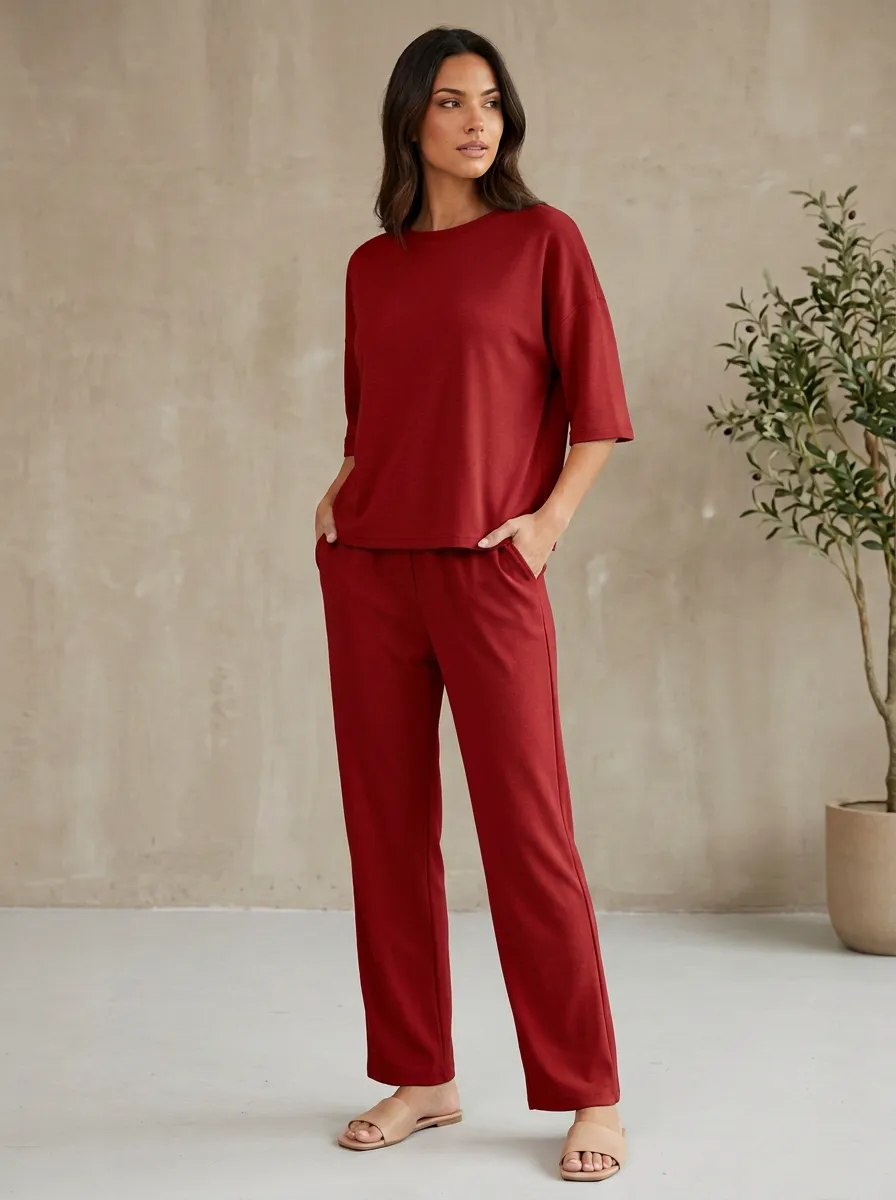 Women's Drop-Shoulder Crewneck Top And Straight-Leg Trouser Lounge Set