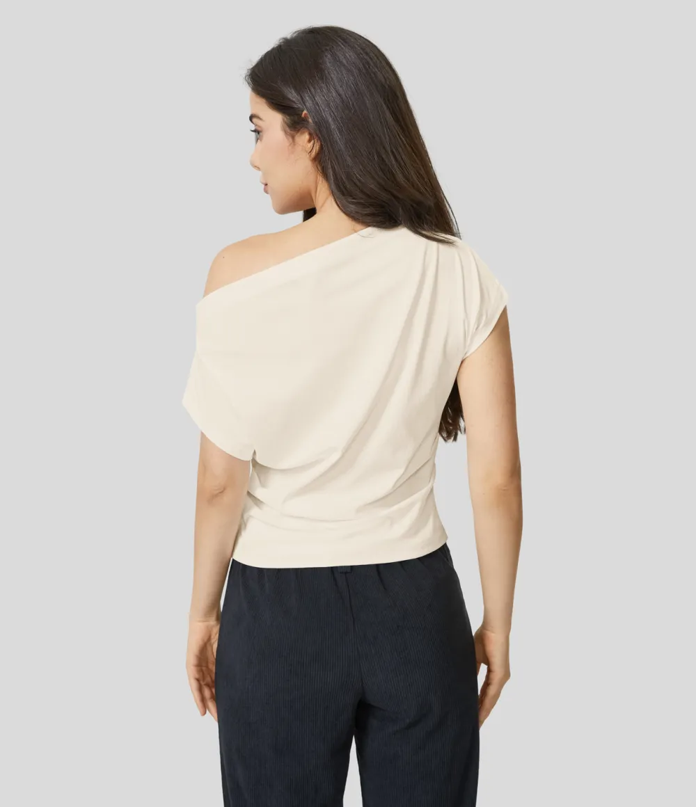 Off Shoulder Short Sleeve Ruched Casual Cotton Top