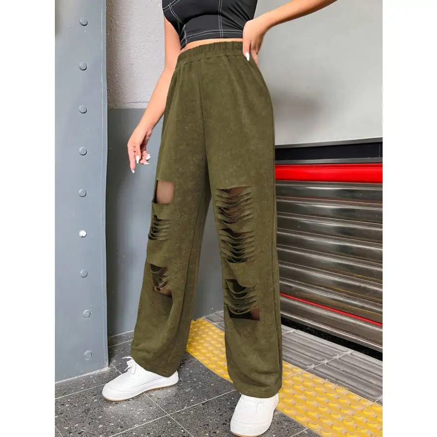 Distressed Elastic Waist Straight Leg Pants