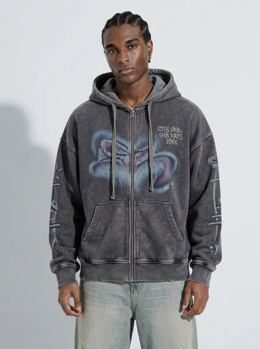 Men's Streetwear Urban Skater Graffiti Printed Zip-up Hoodie